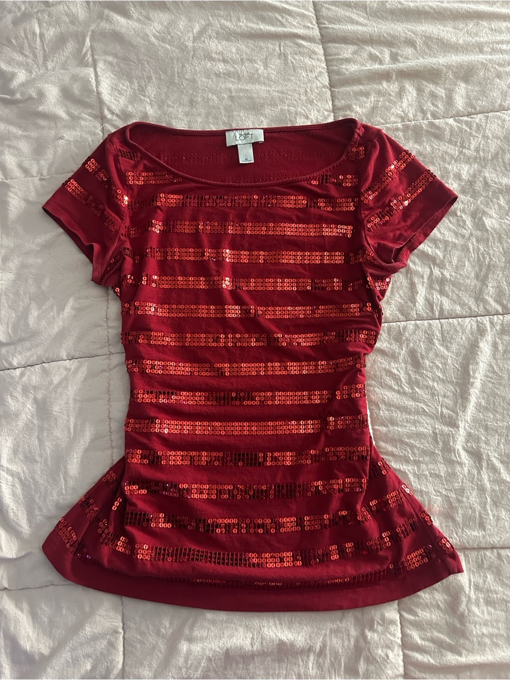 LOFT Red Sequin Stripe Short Sleeve Tee